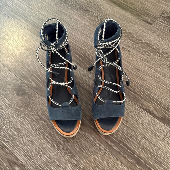 Tory Burch Positano lace-up platform espadrille sandal in blue suede - Picture 3 of 10